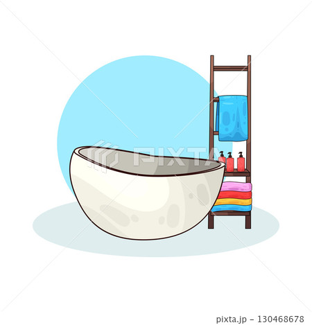 illustration of bathtub and storage shelf 130468678