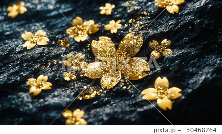 Glistening golden flowers scattered across a dark textured surface create an elegant visual display 130468764