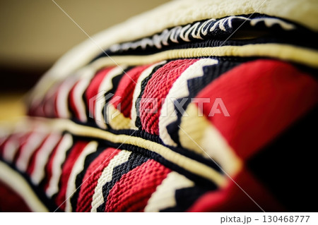 Textiles display showcasing vibrant patterns in traditional woven art from cultural heritage 130468777