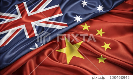 Australian and Chinese Flags Side by Side Representing International Relations 130468943