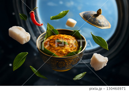 AI generated image of a traditional Thai dish Hor Mok floating in space with Earth in the background. A surreal morning meal in zero gravity with vibrant ingredients and cinematic lighting. 130468971