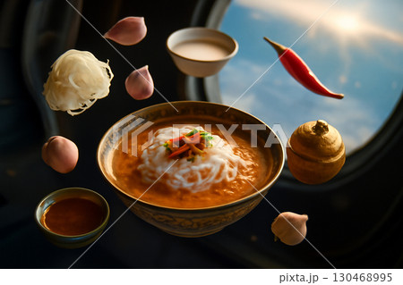 AI generated image of Khanom Jeen Nam Budu dish floating in zero gravity with fresh ingredients around it. The scene captures a surreal moment with Earth view in the background. 130468995