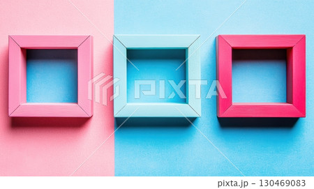 Colorful wooden frames arranged on a vibrant split background highlighting creativity and design elements 130469083