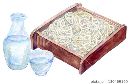 水彩イラスト　老舗蕎麦屋の冷酒と蕎麦 130469199