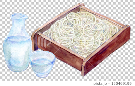 水彩畫：老字號蕎麥麵店的冷酒和蕎麥麵 130469199