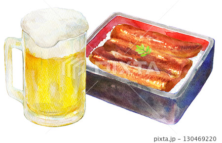 水彩イラスト 特上鰻重と生ビール 水彩イラスト 特上鰻重と生ビール 130469220