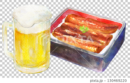 水彩イラスト 特上鰻重と生ビール 水彩イラスト 特上鰻重と生ビール 130469220
