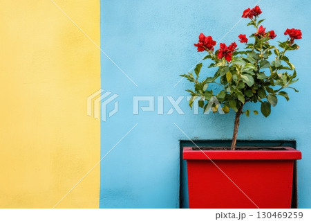 Brightly colored flower pot against a vibrant wall in a sunny outdoor setting 130469259