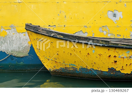 Old yellow boat rests against a vibrant weathered wall in a tranquil harbor setting 130469267