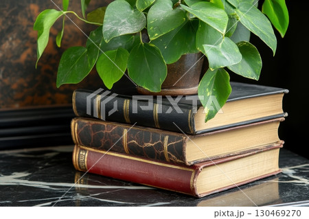 Books stacked on a marble table with a vibrant potted plant in a cozy indoor setting 130469270