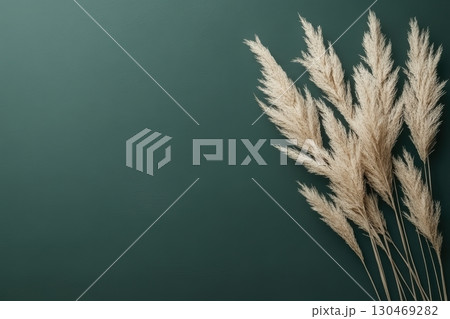 Dried pampas grass arrangements on a green background for home decor ideas 130469282