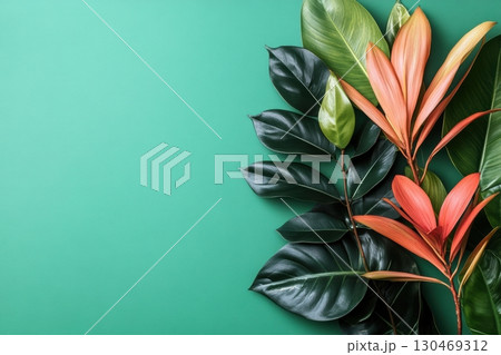 Colorful tropical leaves arranged on a vibrant green background showcasing natural beauty 130469312