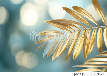 Golden palm leaves glistening in soft natural light for a tranquil atmosphere 130469324