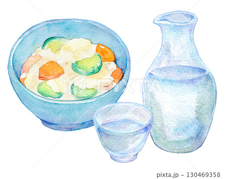 水彩イラスト　冷酒とポテトサラダ 130469358