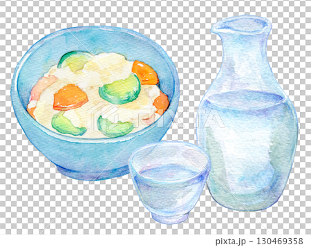 Watercolor illustration: Cold sake and potato salad 130469358