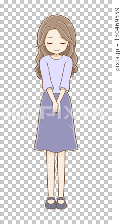 A woman with long wavy hair bows (full body) 130469359