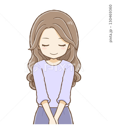 ロングウエーブヘアの女性がお辞儀をする(上半身) ロングウエーブヘアの女性がお辞儀をする(上半身) 130469360