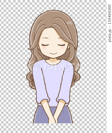 A woman with long wavy hair bows (upper body) A woman with long wavy hair bows (upper body) 130469360