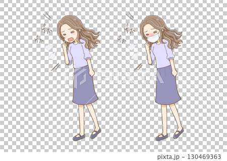 咳込むロングウエーブヘアの女性（マスクありなし）全身 130469363