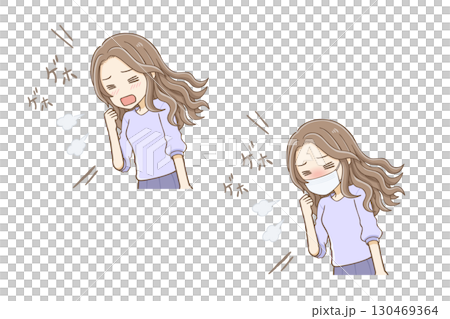 Coughing woman with long wavy hair (with or without mask) upper body 130469364