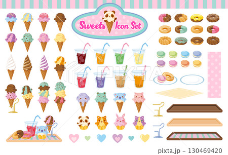 スイーツアイコンセット｜アイスクリーム・ドーナツ・マカロン・ドリンク・アニマルスイーツ 130469420