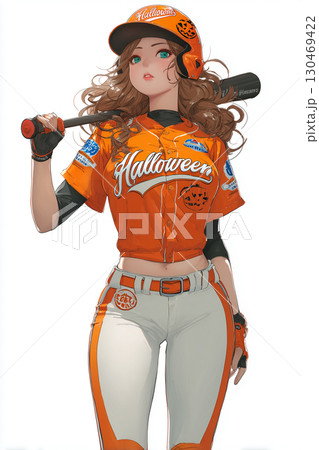 ハロウィン野球ユニフォームを着た女性キャラクター 130469422