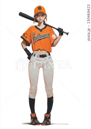 ハロウィン野球ユニフォームを着た女性キャラクター 130469423