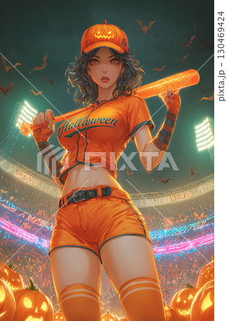 ハロウィン野球ユニフォームを着た女性キャラクター 130469424