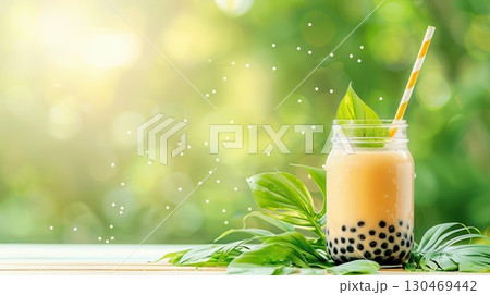 Refreshing iced tea with tapioca pearls in a glass jar on a wooden table. Refreshing iced tea with tapioca pearls in a glass jar on a wooden table. 130469442