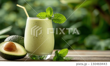 Refreshing avocado smoothie with mint garnish. 130469443