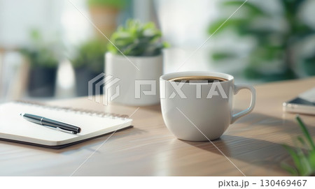 Top view of a cup of coffee, a pen, and a notebook on a white background. Top view of a cup of coffee, a pen, and a notebook on a white background. 130469467