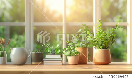 Green plants in pots on a windowsill with sunlight streaming in. 130469498