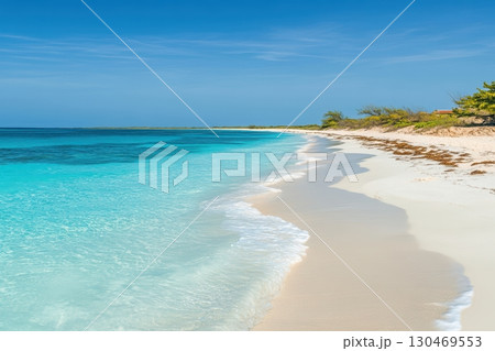 Beautiful sandy beach with clear turquoise waters and gentle waves under a bright blue sky Beautiful sandy beach with clear turquoise waters and gentle waves under a bright blue sky 130469553