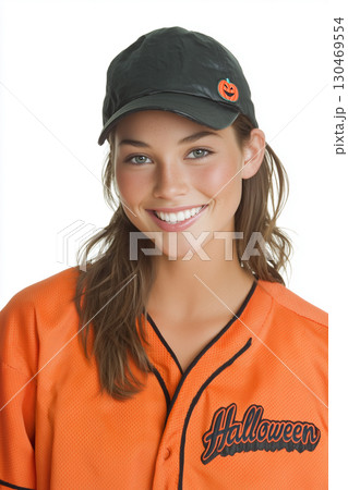 ハロウィン野球ユニフォームを着た女性のポートレート ハロウィン野球ユニフォームを着た女性のポートレート 130469554