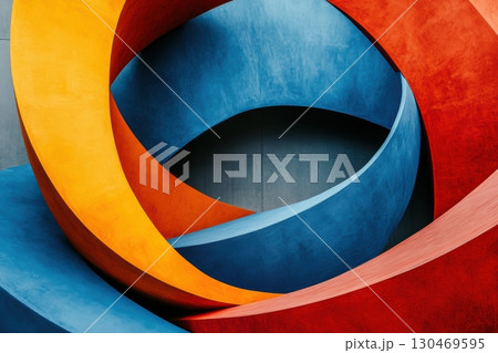 Modern abstract art installation featuring vibrant curves and colors in a public space Modern abstract art installation featuring vibrant curves and colors in a public space 130469595