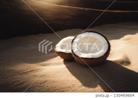Coconuts resting on sandy beach during sunset with warm light illuminating the scene 130469604