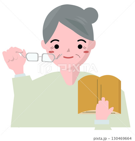 眼鏡を外して本を読むおばあちゃん。眼鏡を外して読書をするおばさん。ベクターイラスト 眼鏡を外して本を読むおばあちゃん。眼鏡を外して読書をするおばさん。ベクターイラスト 130469664