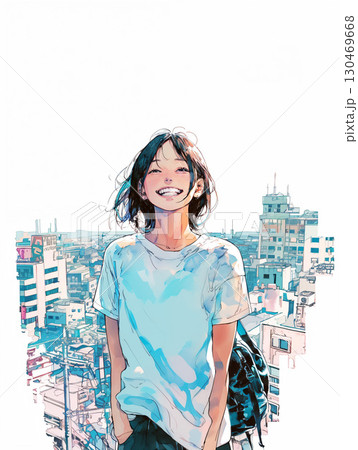 笑顔で街に立つ女性 130469668