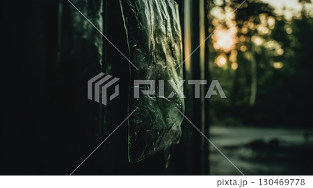 Mysterious glass fragment illuminated by evening light in a wooded area 130469778