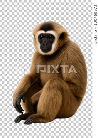 Pileated Gibbon Sitting Calmly, Photorealistic Full Body Portrait with Detailed Fur, Isolated on Pure White Studio Background, High Resolution Endangered Primate Stock Photography 130469973