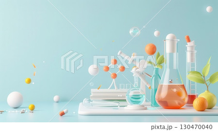 Laboratory glassware with a blue background and a molecule model 130470040