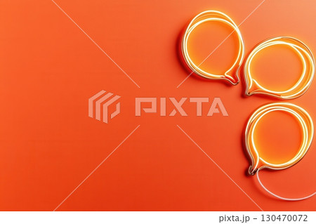 Speech bubbles with metallic finishes, placed against a high-contrast, industrial-style neon background 130470072