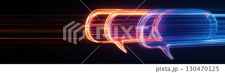 Speech bubbles filled with vibrant gradients, layered on a backdrop of colorful radial light streaks 130470125