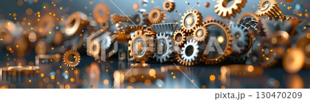 Close up of intricate metal gears, interlocked and moving.  Industrial, mechanical background. 130470209