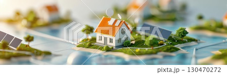 Miniature houses nestled among lush greenery, bathed in soft sunlight. 130470272