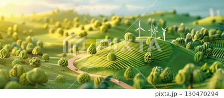 Green rolling hills with wind turbines, a concept of clean energy. Green rolling hills with wind turbines, a concept of clean energy. 130470294