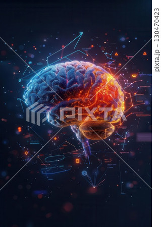 Abstract digital brain with glowing neurons and connections. 130470423