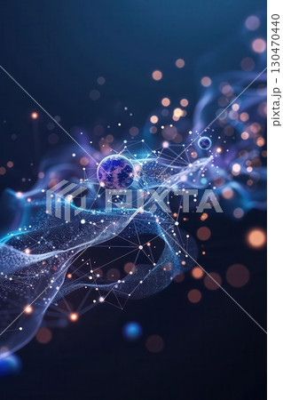 Abstract 3D rendering of a blue planet connected by glowing lines and dots. 130470440