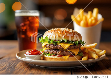 double cheeseburger with french fries and glass of diet cola on wooden table, close up 130470551