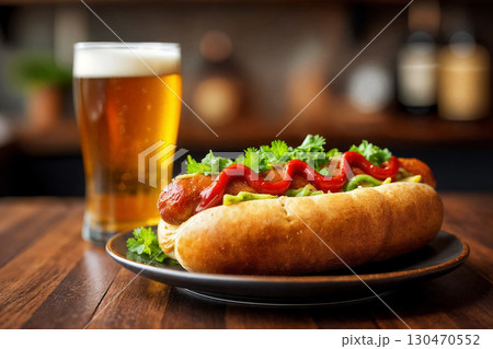 tasty hot dog with ketchup and parsley on wooden table and glass of beer in pub 130470552